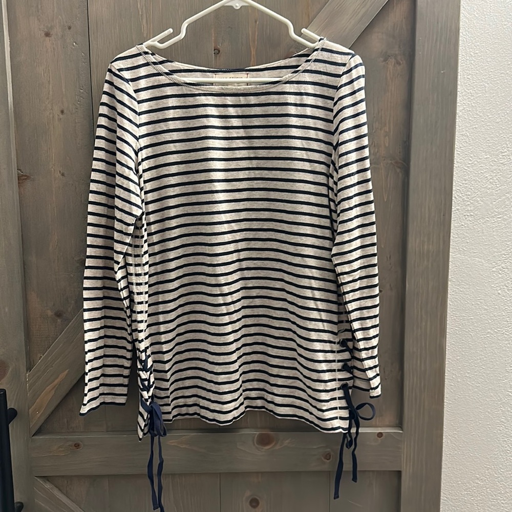 Navy blue and cream striped long sleeve top.